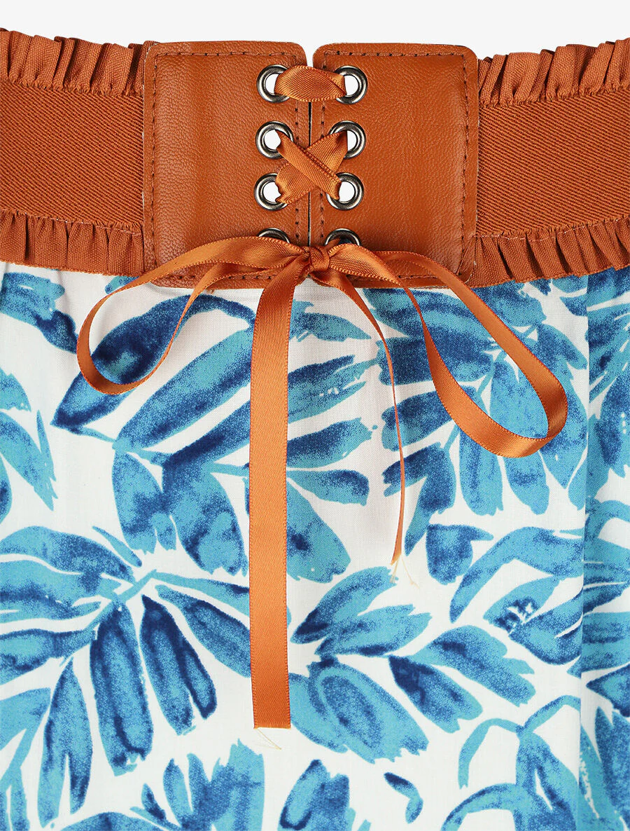 Lange wijduitlopende rok met bladmotief - blauw - Image 3