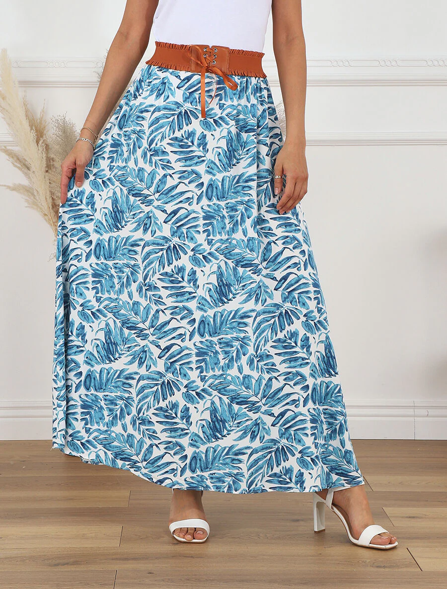 Lange wijduitlopende rok met bladmotief - blauw - Image 4