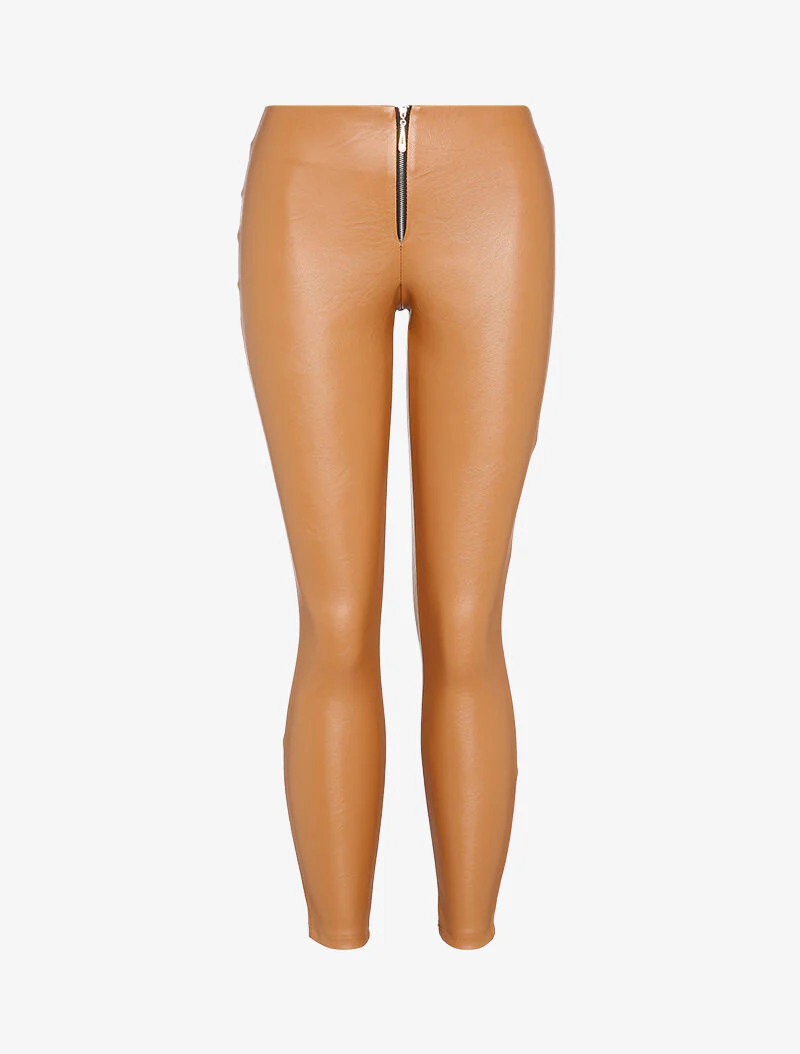 Hoge taille legging in imitatieleer met rits - Camel