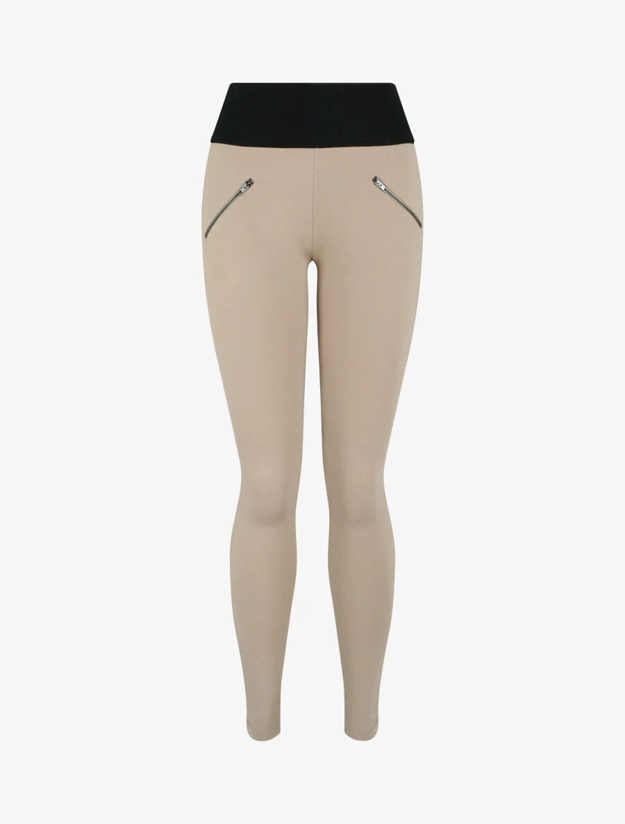 Textuur taille legging met kleine ritsen - Beige