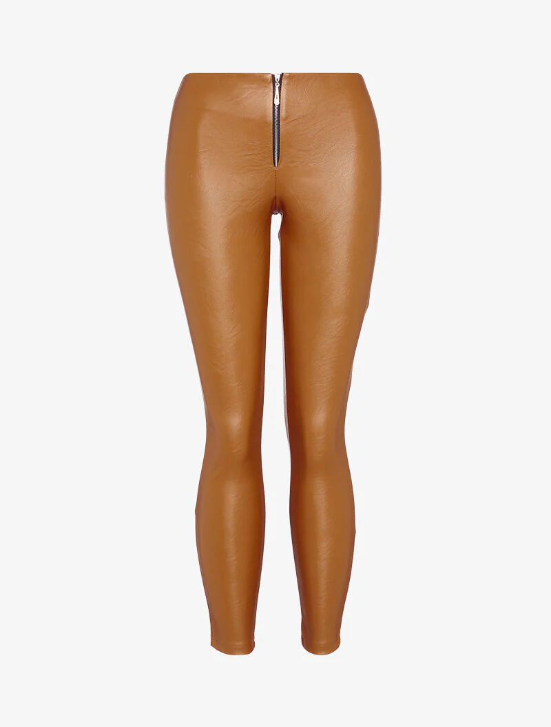 Legging in imitatieleer met hoge taille en rits - Bruin