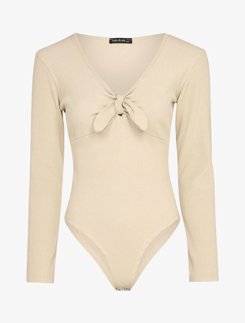 Geribd lichaam met kraag met knoopdetail - Beige