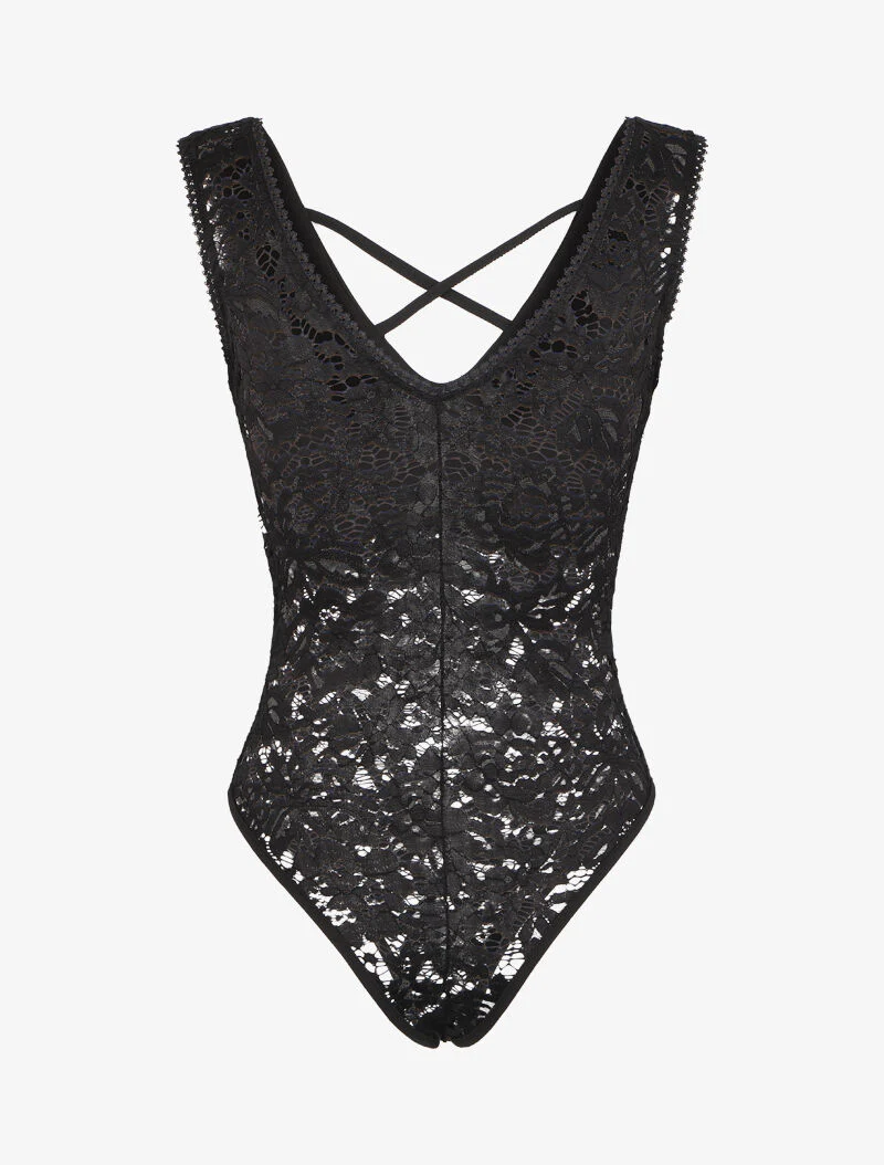 Kanten body met voorgevormde bustier cups - Zwart - Image 2