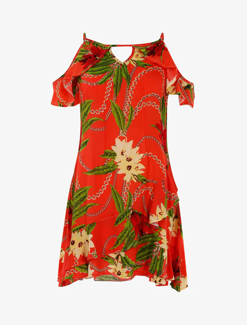 Lichte jurk met bloemenprint en kettingen - oranje-rood