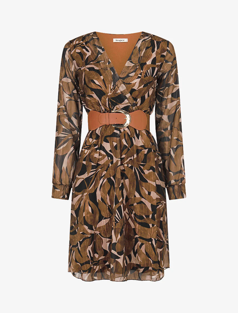 Lichte jurk van lamé voile met abstracte print - bruin