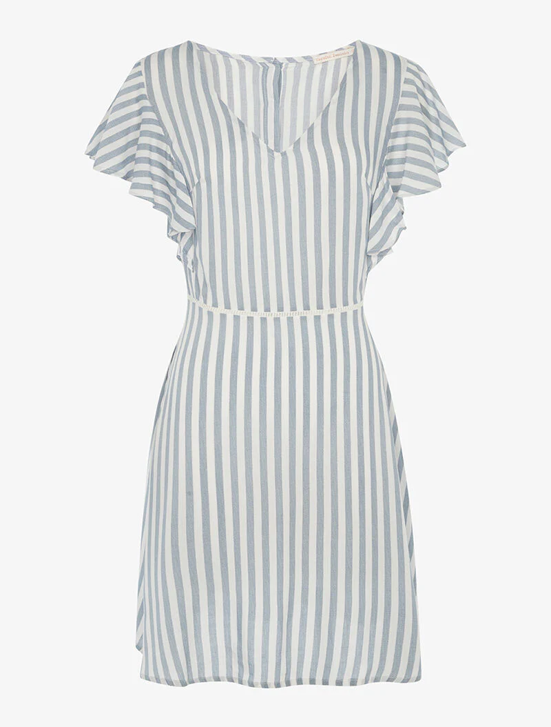 Lichte marinestijl jurk met uitsnijding op de rug - blauw