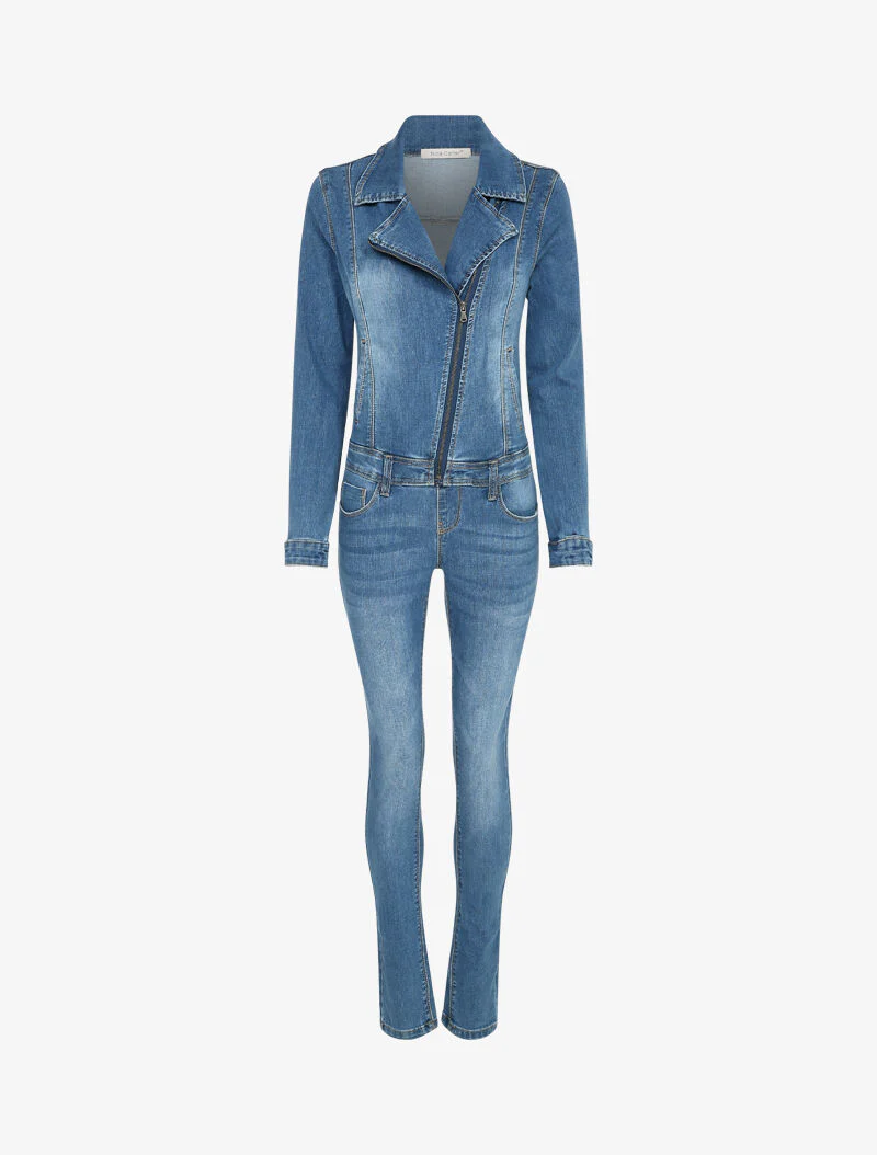 Licht gewassen denim jumpsuit met ritssluiting - Blauw