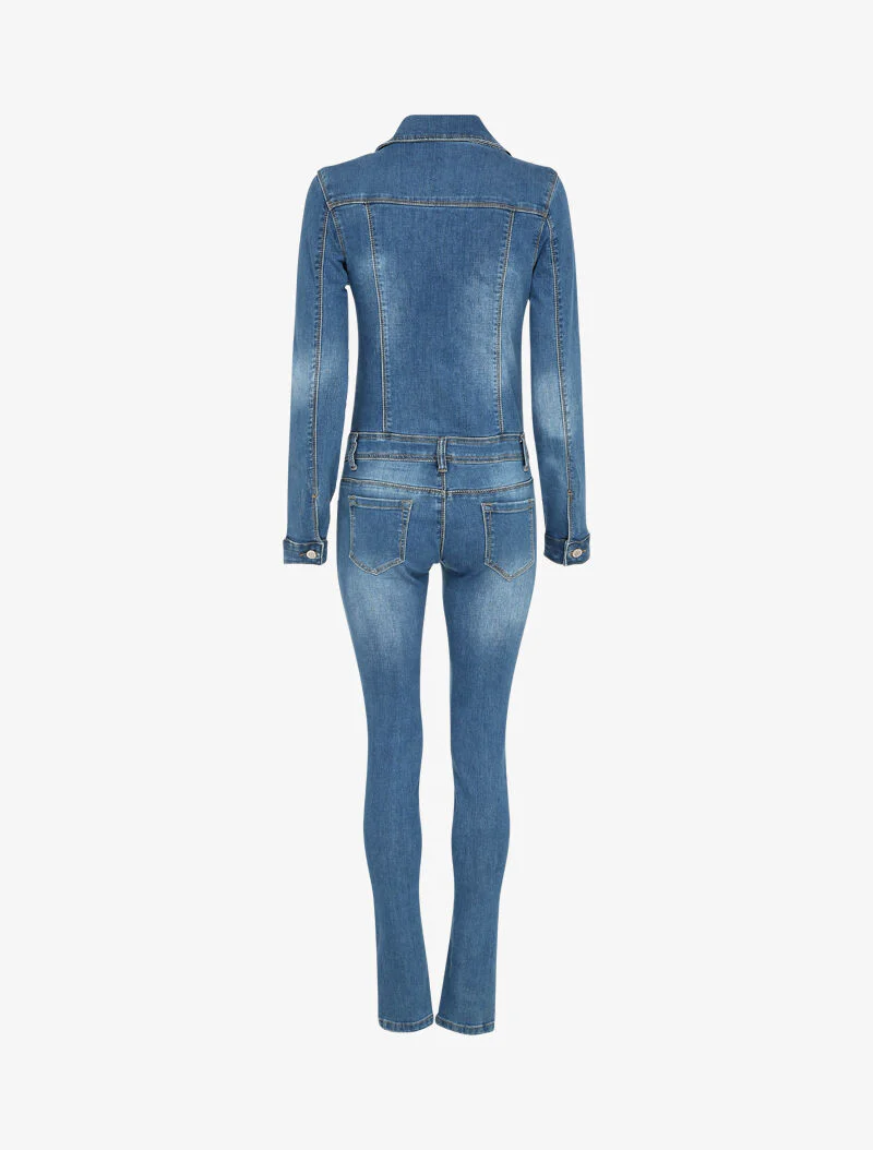 Licht gewassen denim jumpsuit met ritssluiting - Blauw - Image 3
