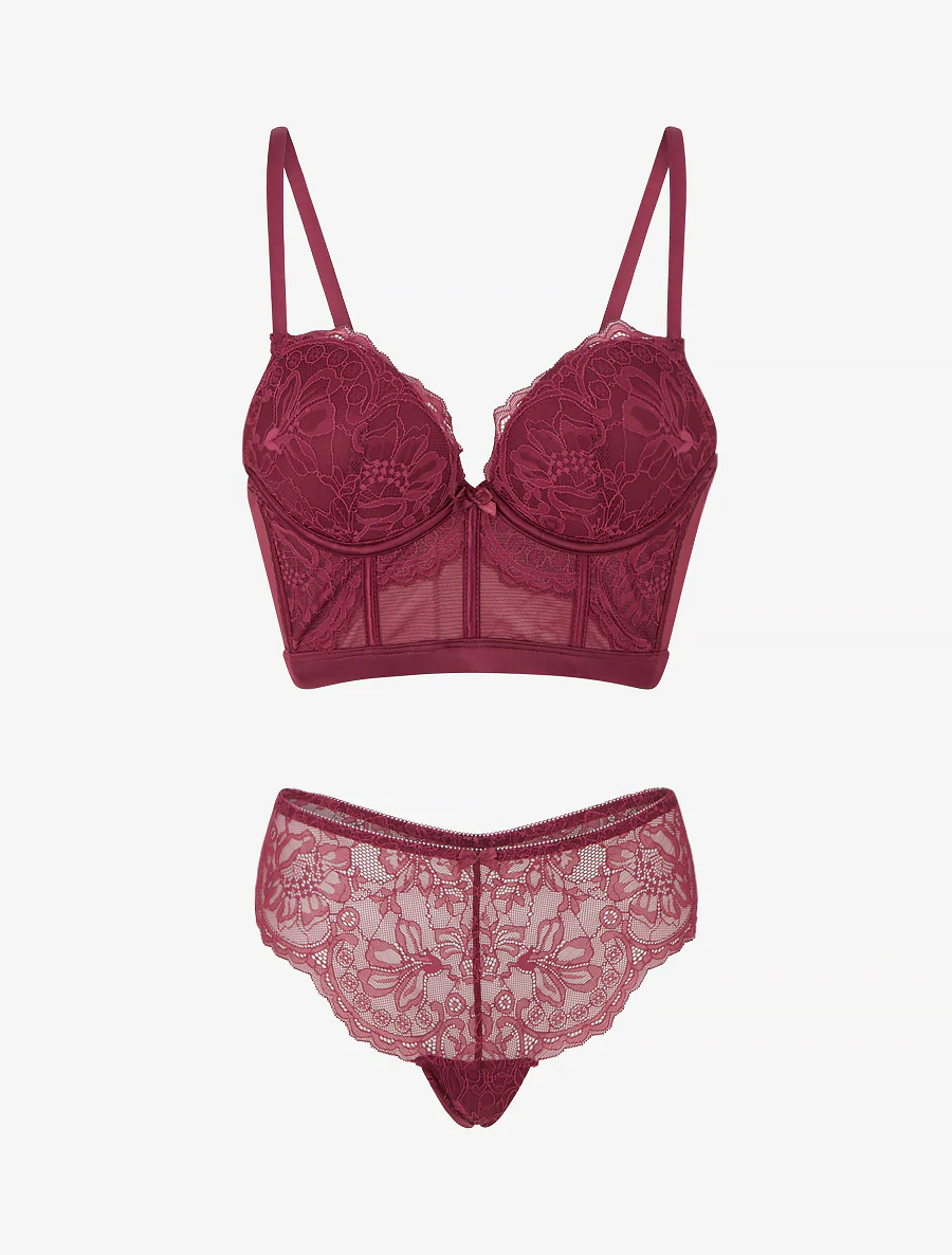 Lingerieset in korsetstijl met bloemenkant - Pruim - Image 2