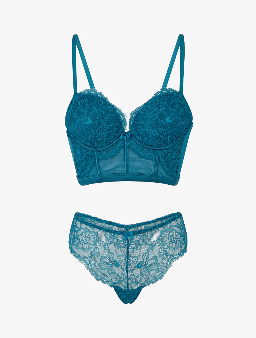 Lingerieset in korsetstijl met bloemenkant - Eendenblauw - Image 2