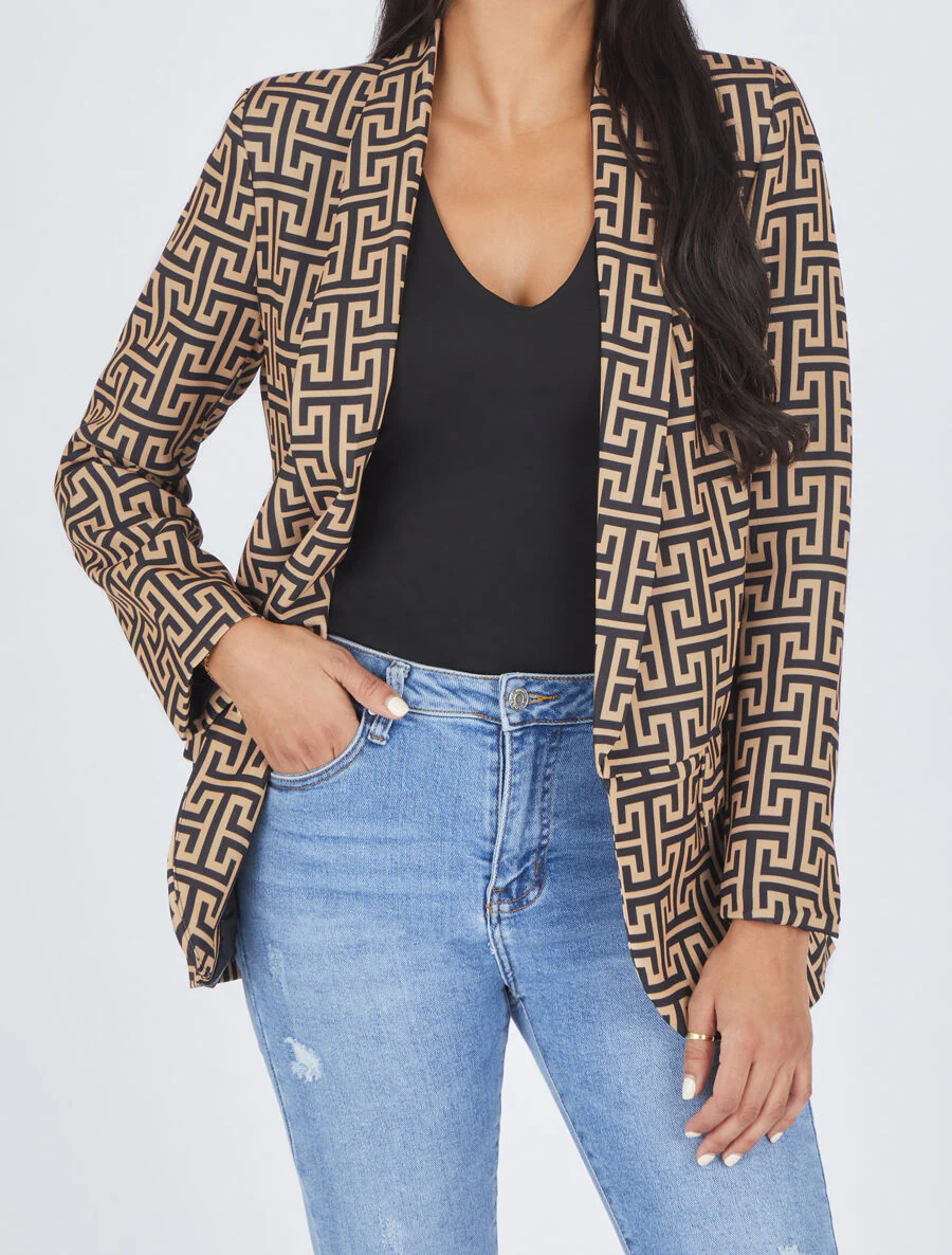Losse blazer met Griekse print - Camel - Image 4