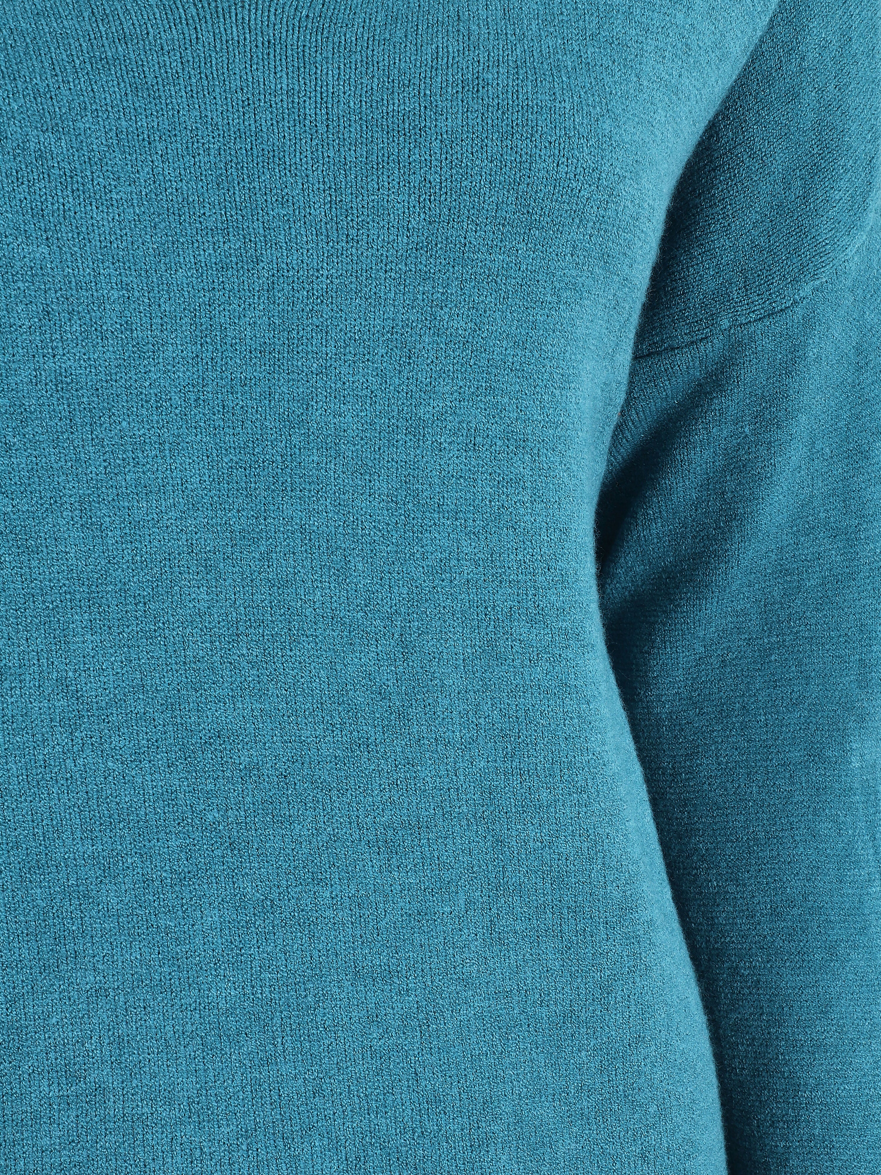 Losse effen trui met V-hals - Blauwgroen - Image 3