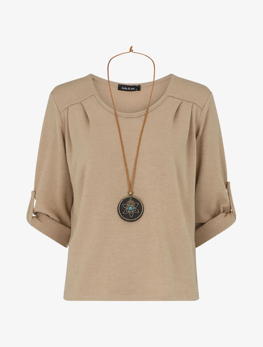 Losse effen trui met V-hals - Beige
