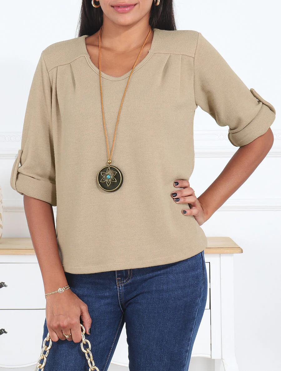 Losse effen trui met V-hals - Beige - Image 4