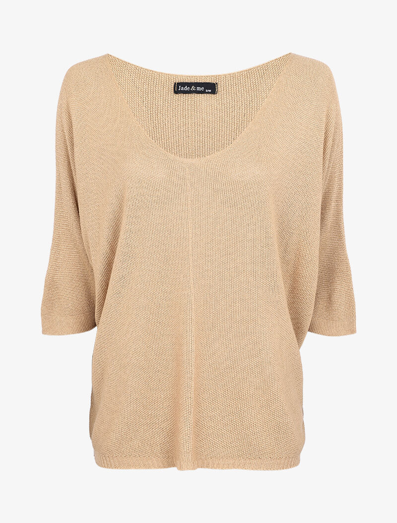 Fijngebreide trui met 3/4 mouwen - Beige