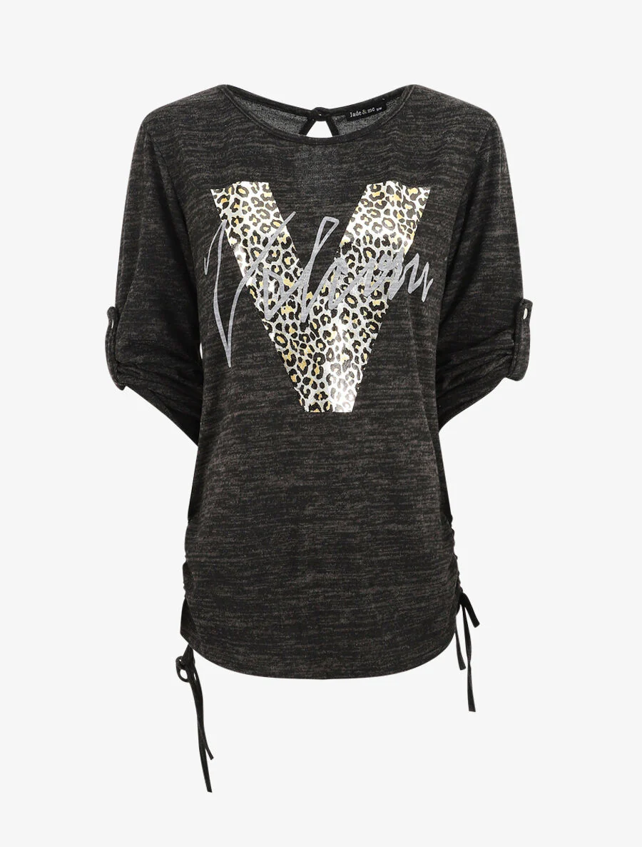 Losse V leopard bedrukte oversized trui - Zwart