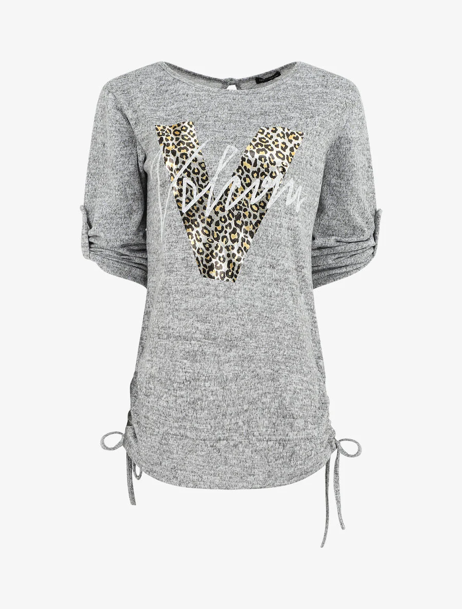 Losse V leopard bedrukte oversized trui - GemĂȘleerd grijs
