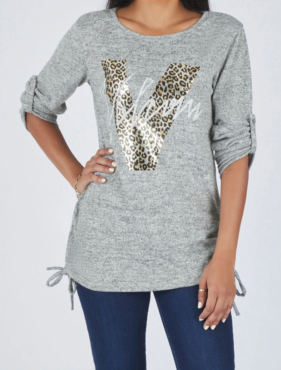 Losse V leopard bedrukte oversized trui - GemĂȘleerd grijs - Image 4