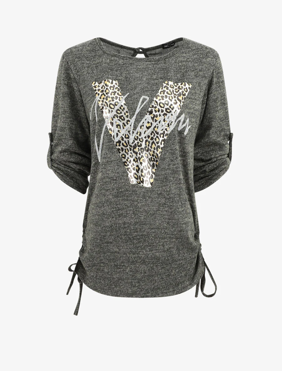 Losse V leopard bedrukte oversized trui - Olijfgroen