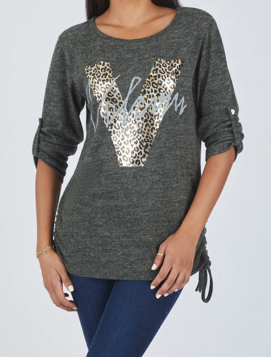 Losse V leopard bedrukte oversized trui - Olijfgroen - Image 4