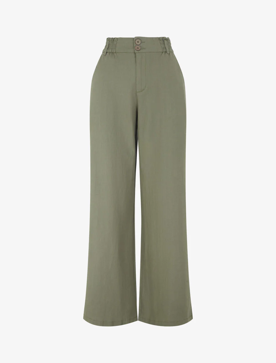 Losvallende broek in linnenlook met 2 knopen - Kakigroen