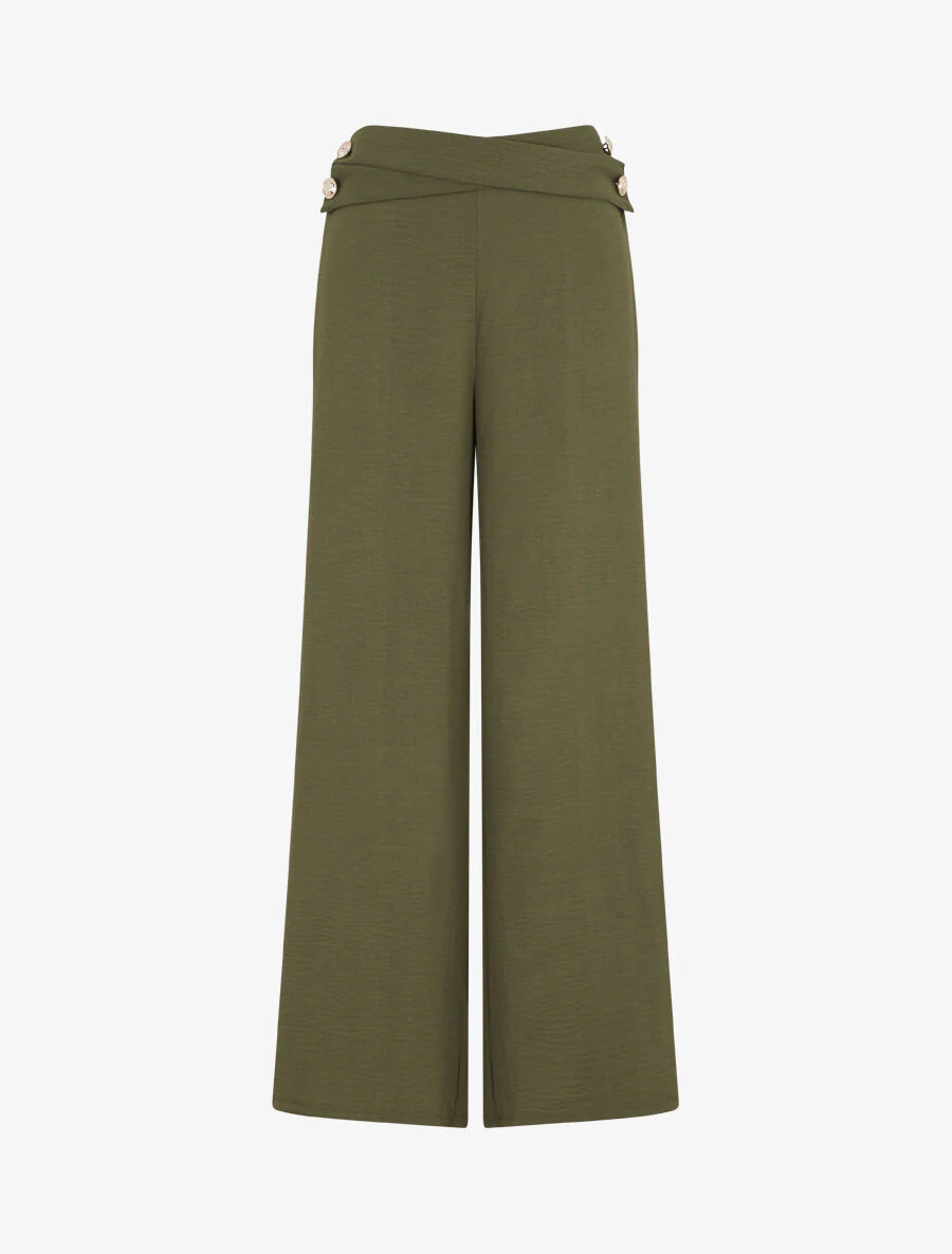 Losvallende broek met hoge taille en knopen - Kakigroen