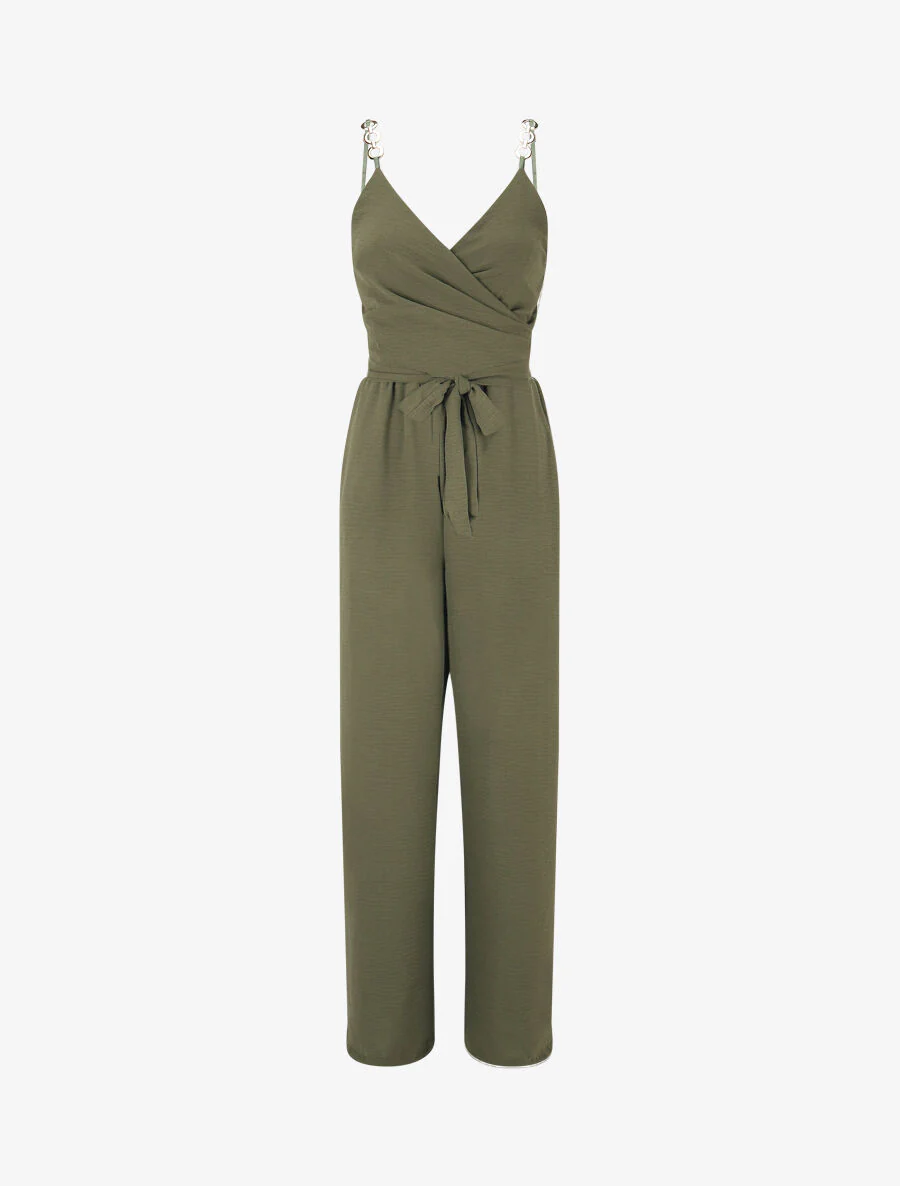 Loszittende jumpsuit met fijne bandjes met sieraden - Khaki