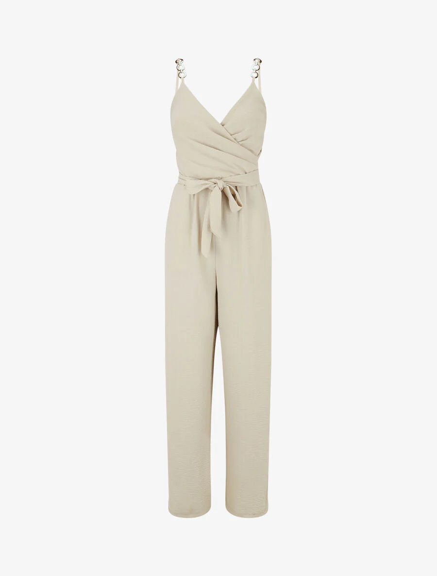 Loszittende jumpsuit met fijne bandjes met sieraden - Beige