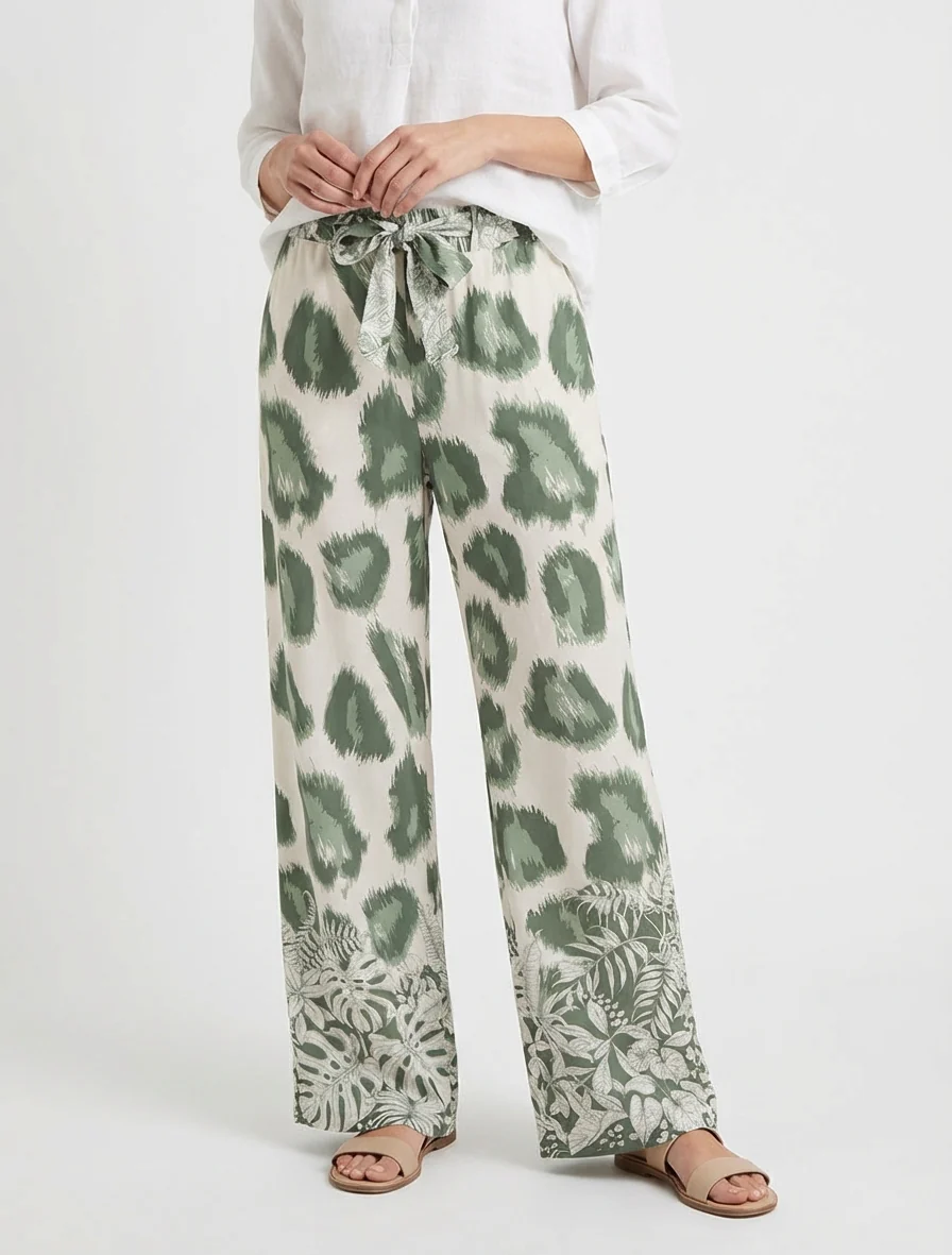 Luchtige broek met fantasieleopardprint - Kaki - Image 4