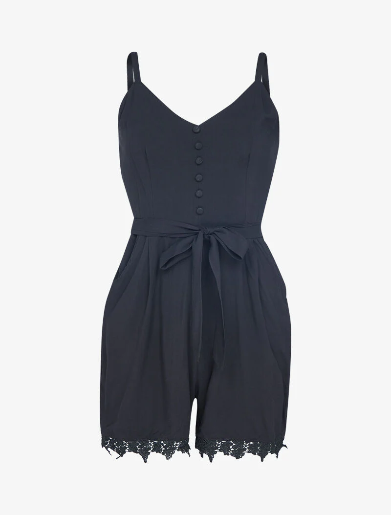 Luchtige katoenen playsuit met kanten afwerking - zwart