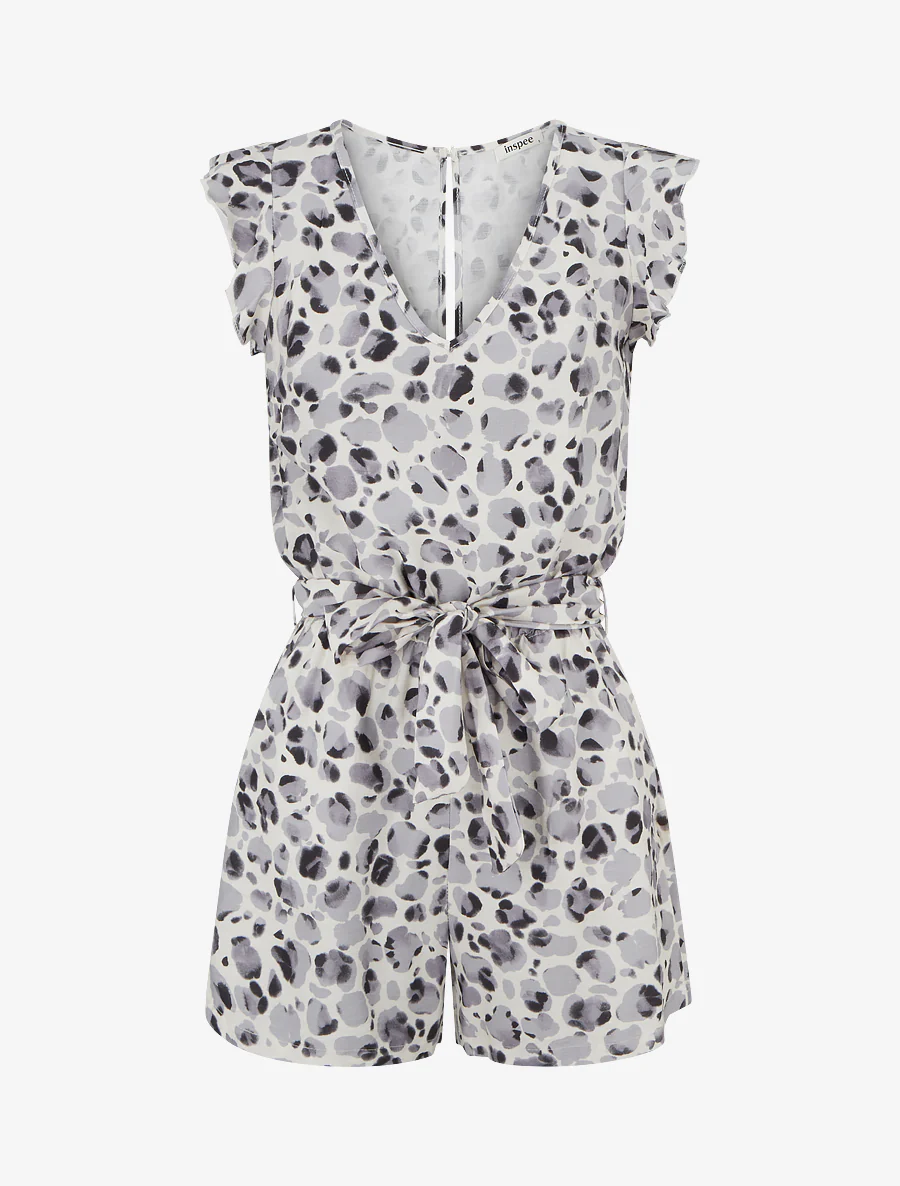 Luipaardprint playsuit met ruches mouwen - Grijs