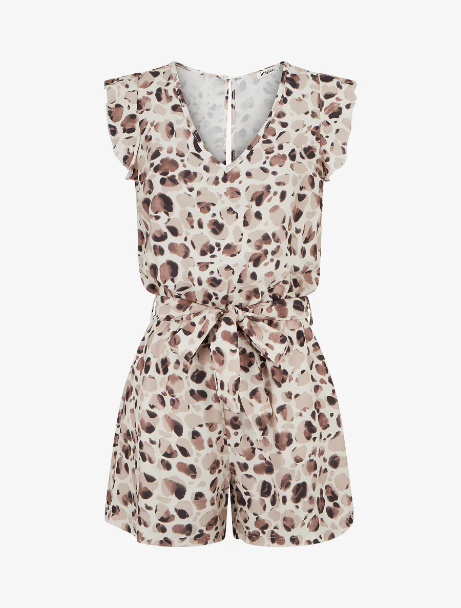 Luipaardprint playsuit met ruches mouwen - Bruin