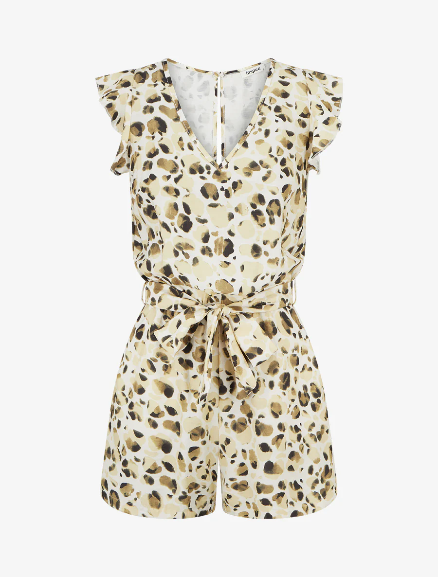 Luipaardprint playsuit met ruches mouwen - Lichtgeel