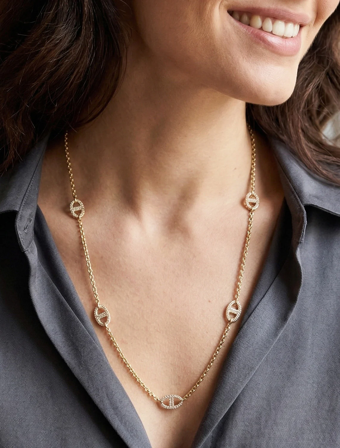 Marinier schakelketting met strass-steentjes - Goud