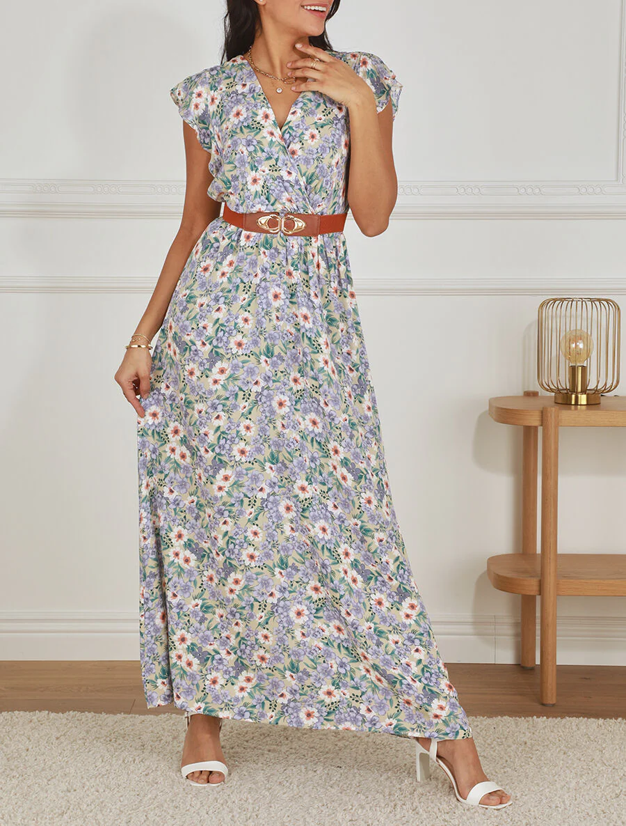 Maxi-jurk met bloemenprint en mouwen met ruches - beige - Image 4