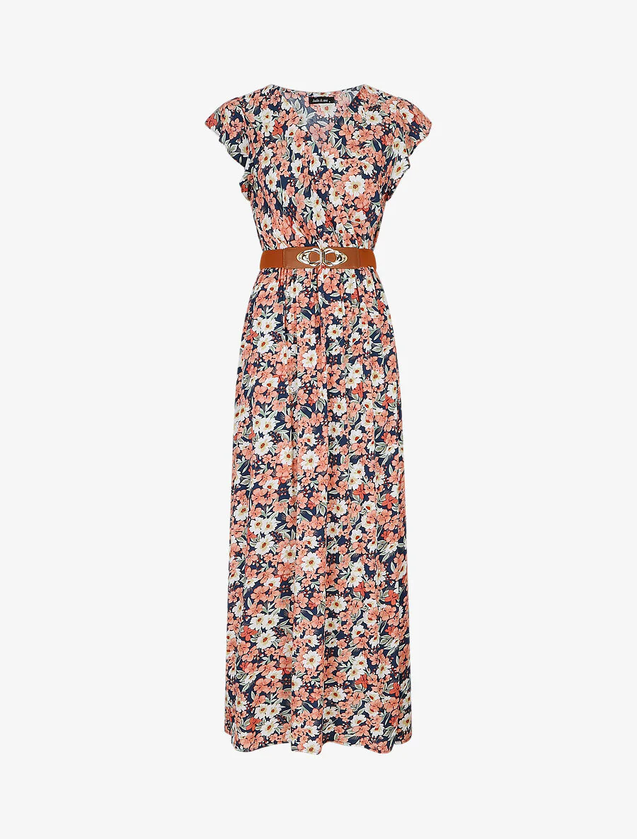 Maxi-jurk met bloemenprint en mouwen met ruches - Marineblauw