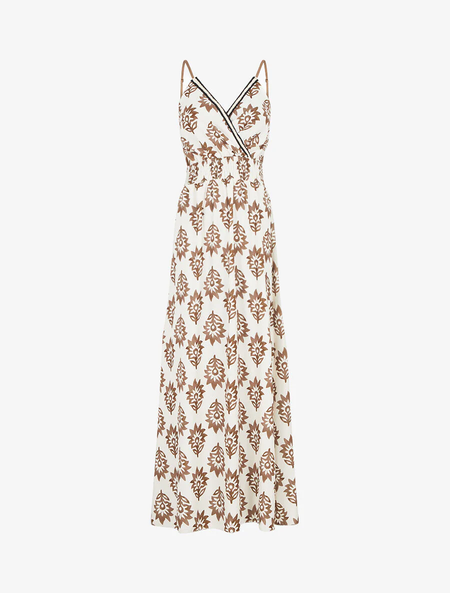 Maxi-jurk met bloemenprint in elastische taille - Kameel