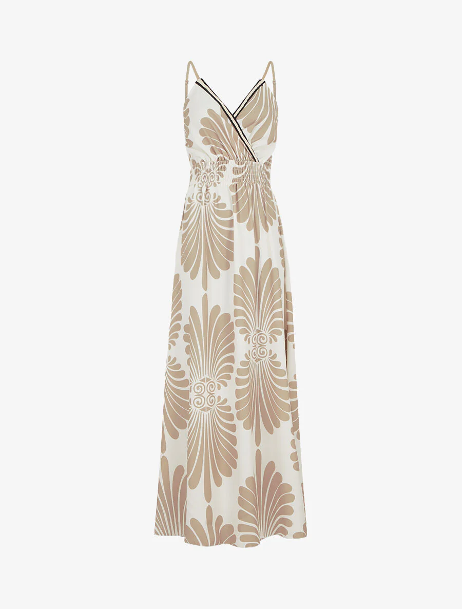 Maxi-jurk met elastische taille en fantasieprint - beige