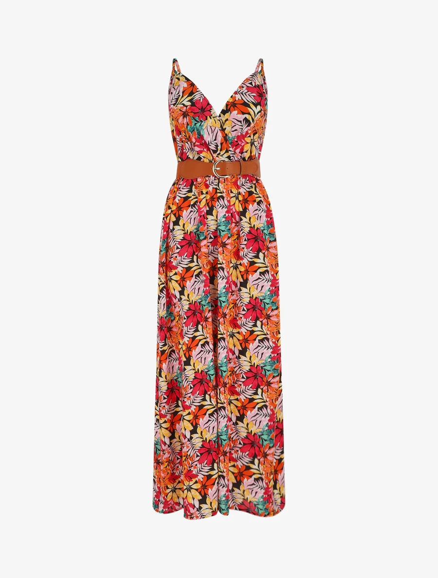 Maxi-jurk met wilde bladerenprint en bandjes - Zwart/oranje