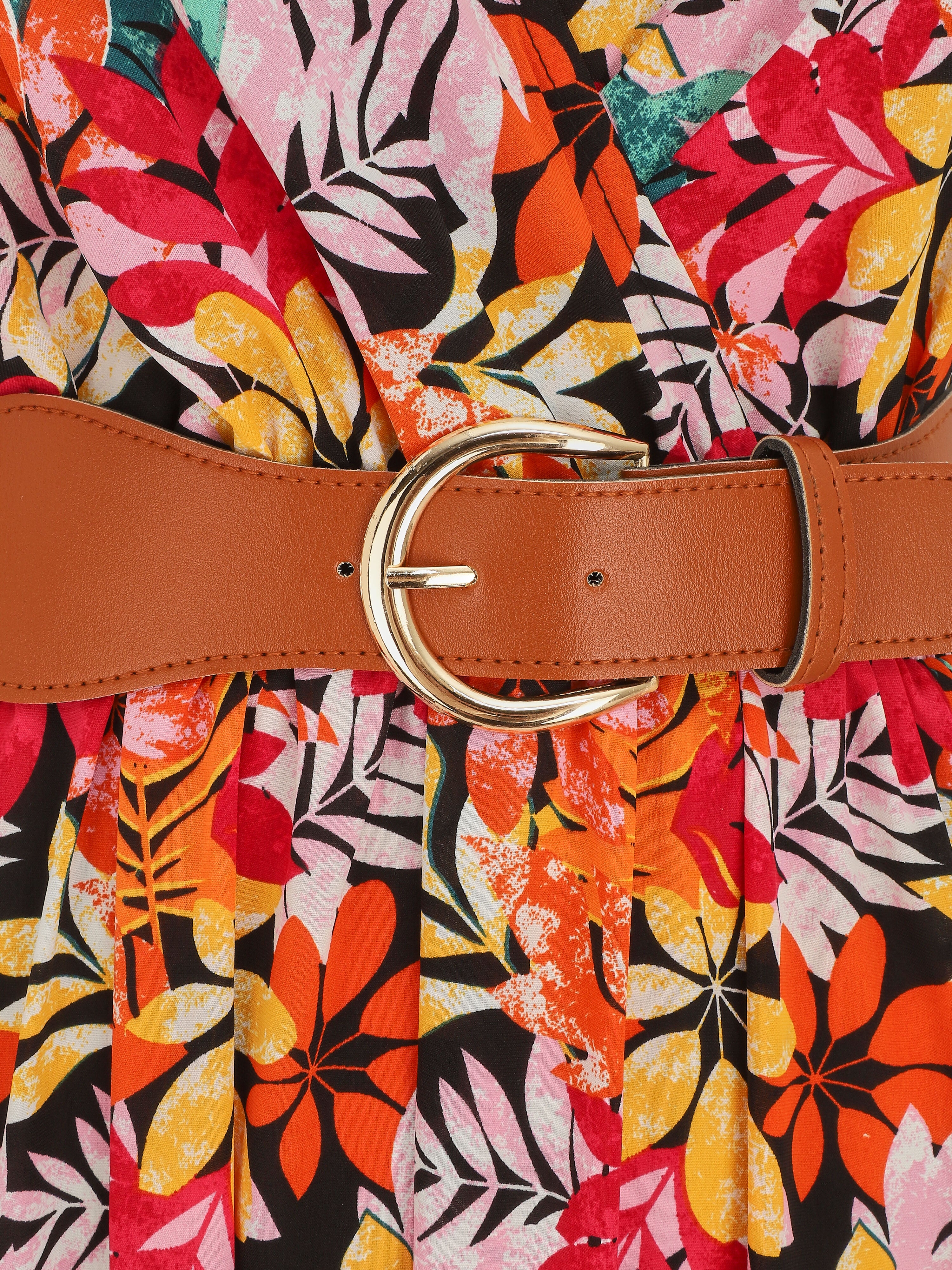 Maxi-jurk met wilde bladerenprint en bandjes - Zwart/oranje - Image 3
