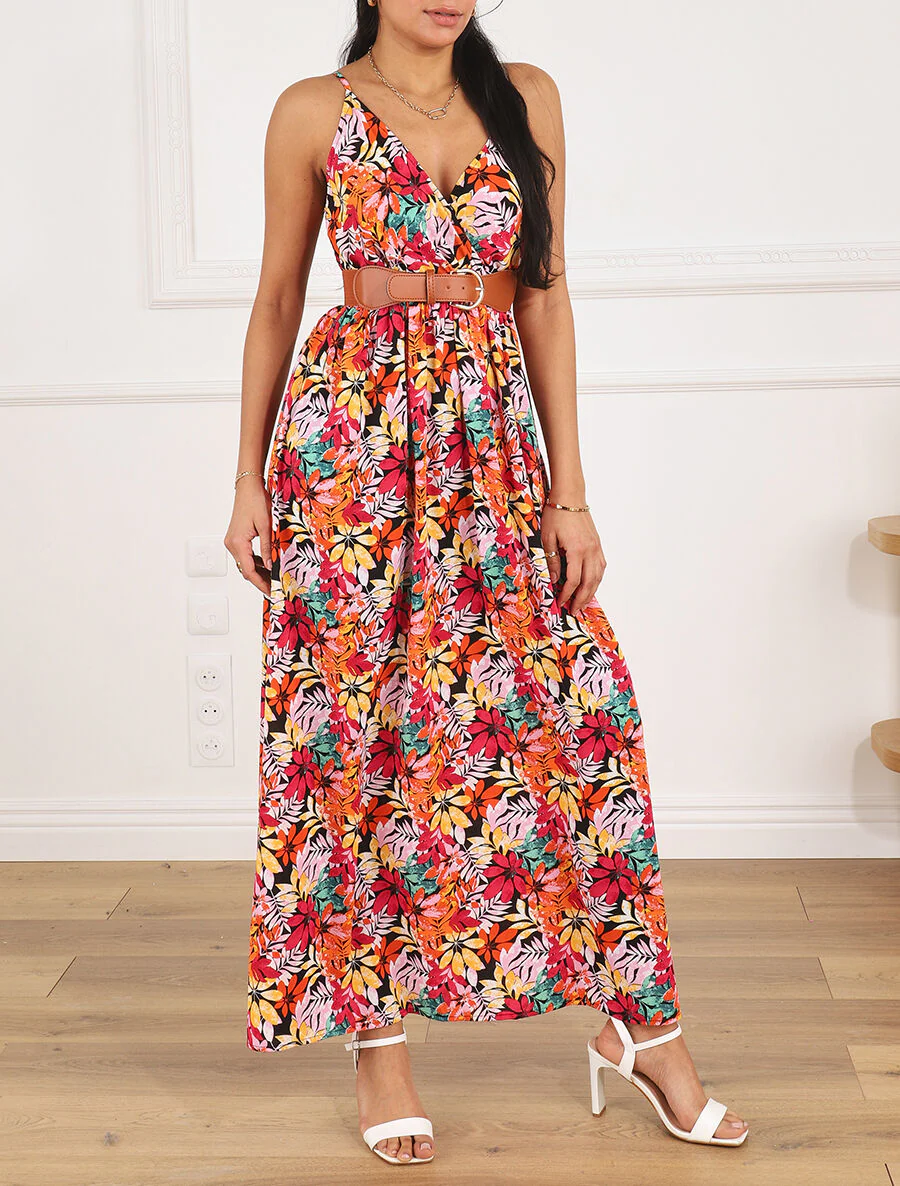 Maxi-jurk met wilde bladerenprint en bandjes - Zwart/oranje - Image 4