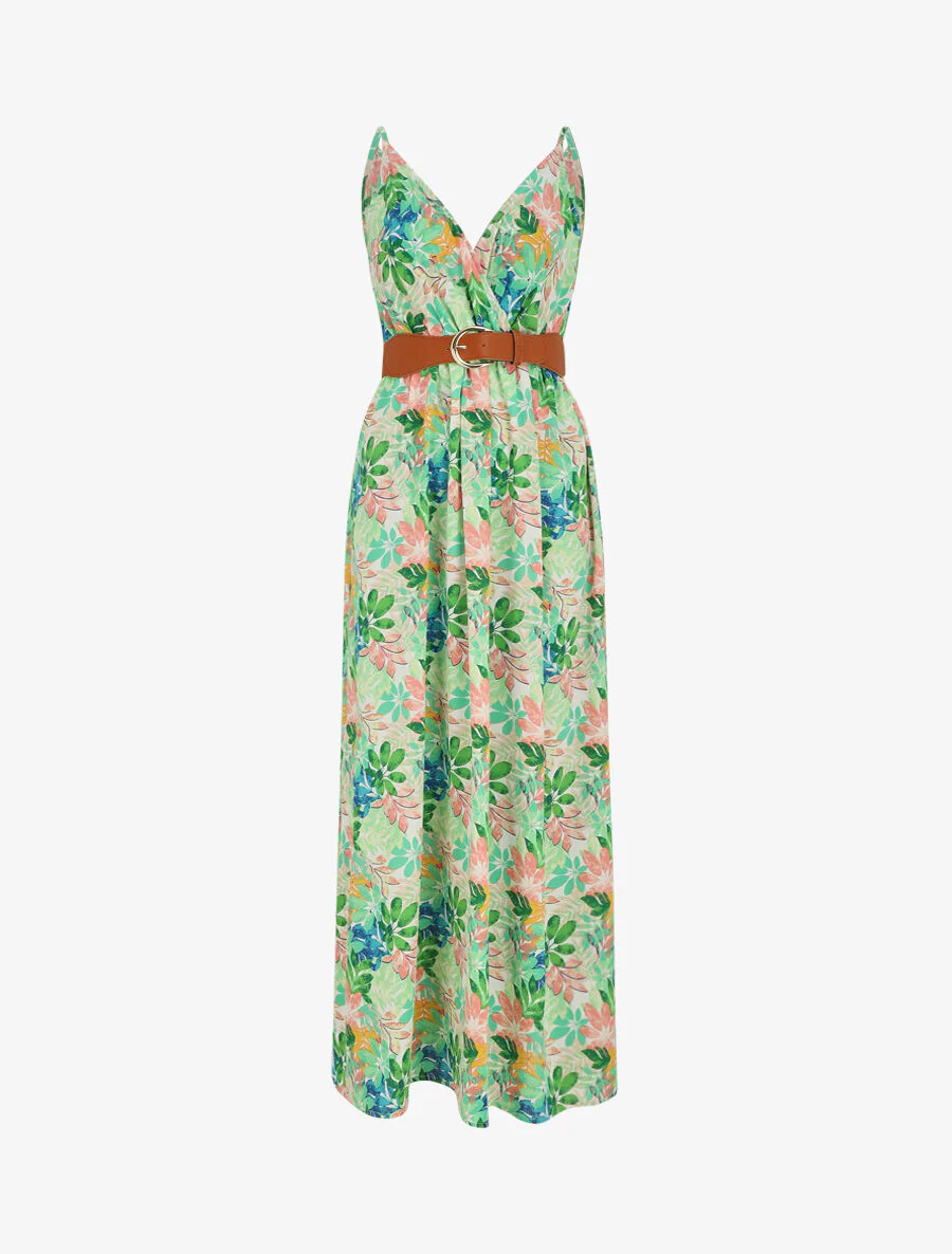 Maxi-jurk met wilde bladerenprint en bandjes - groen