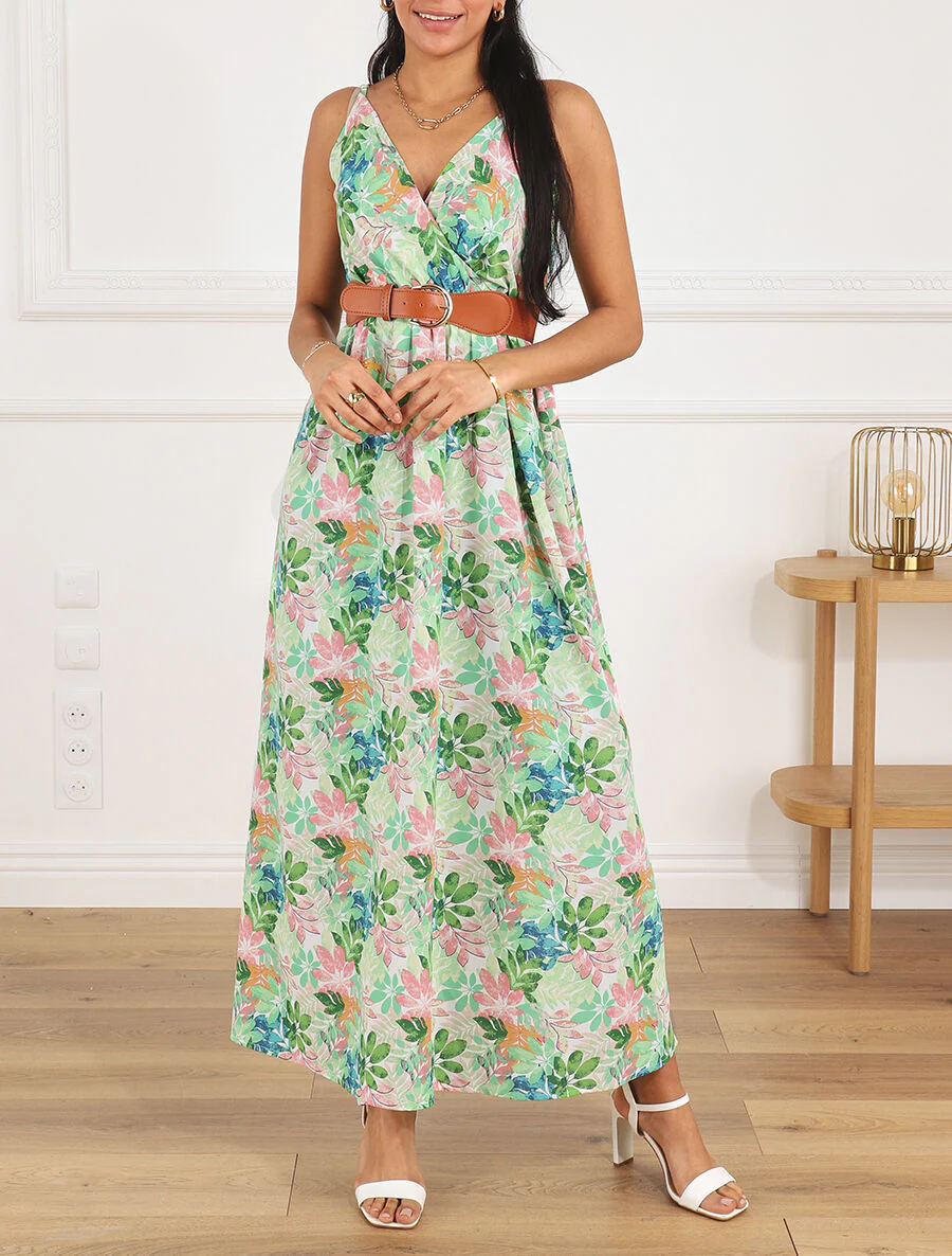 Maxi-jurk met wilde bladerenprint en bandjes - groen - Image 5