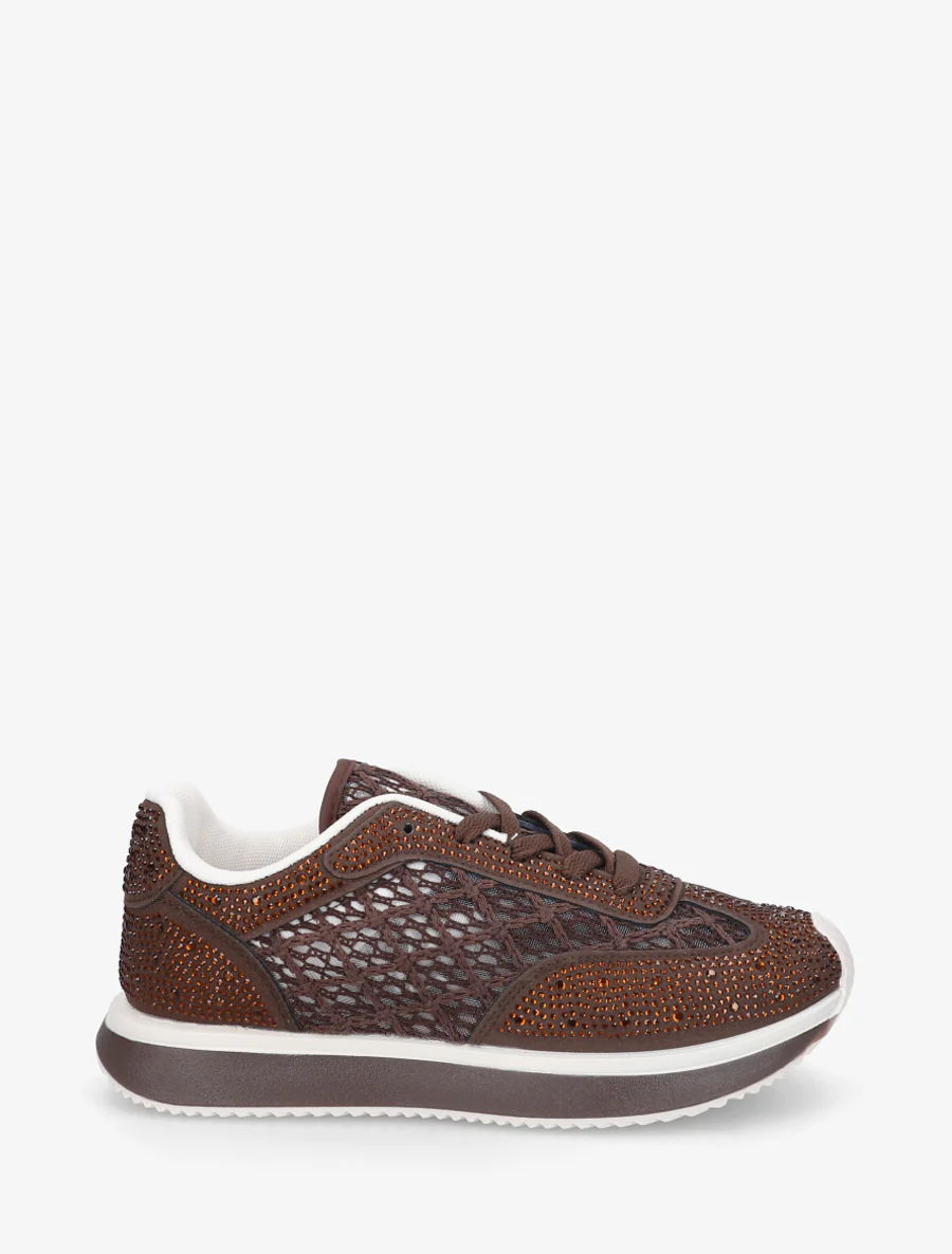 Met strass geborduurde sneakers - Bruin