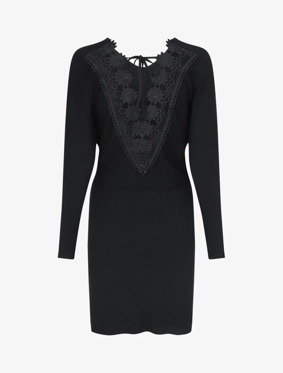 Middellange trui jurk met borduursels op de rug - Zwart - Image 2