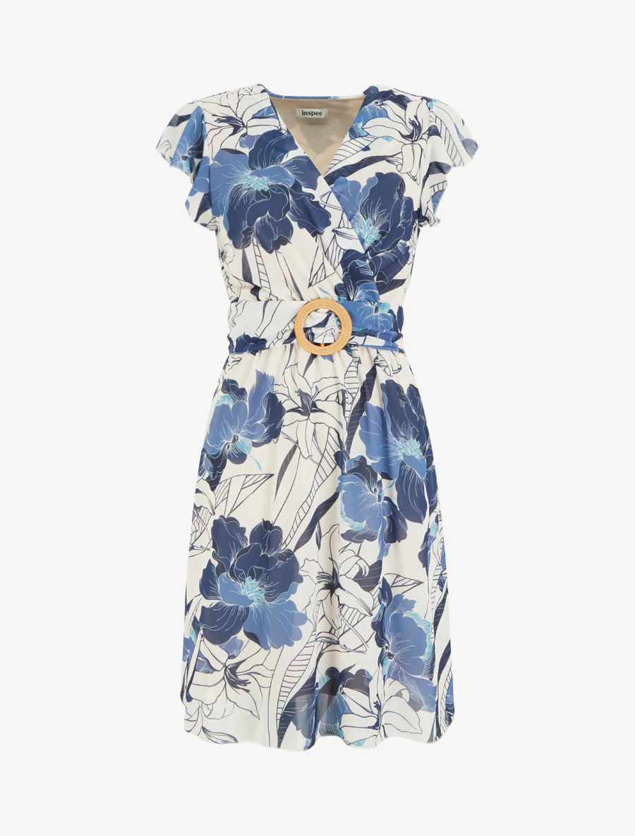 Middellange jurk met grote bloemenprint en gesp - Marine