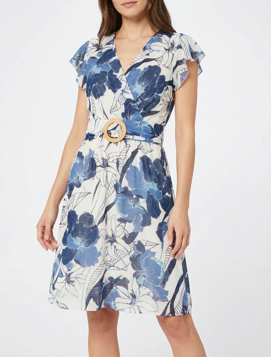 Middellange jurk met grote bloemenprint en gesp - Marine - Image 4
