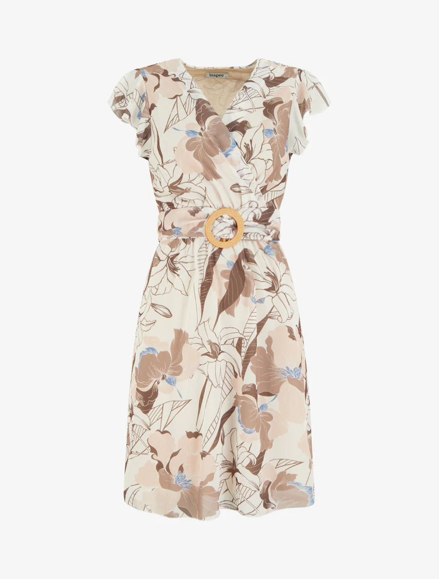 Middellange jurk met grote bloemenprint en gesp - Bruin