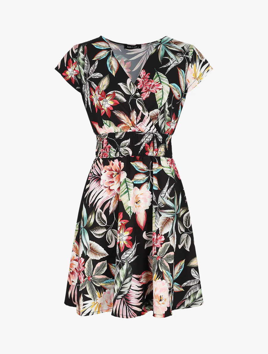 Middellange jurk met bloemenprint - Zwart