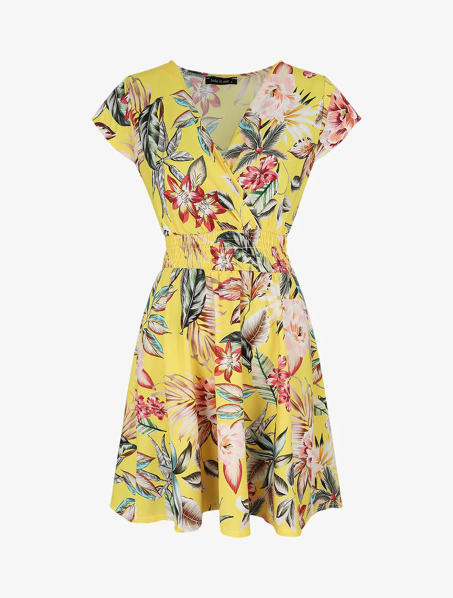 Middellange jurk met bloemenprint - Geel